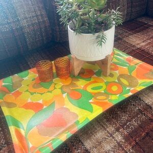 Retro Floral Decorative Tray in Bright Orange, Green and Yellow